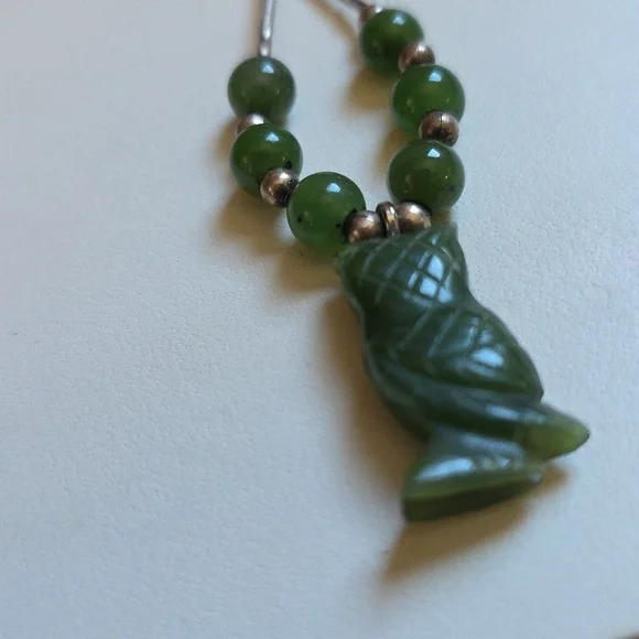 Carved Owl Sterling Silver Green Pendant Necklace - Picture 9 of 11